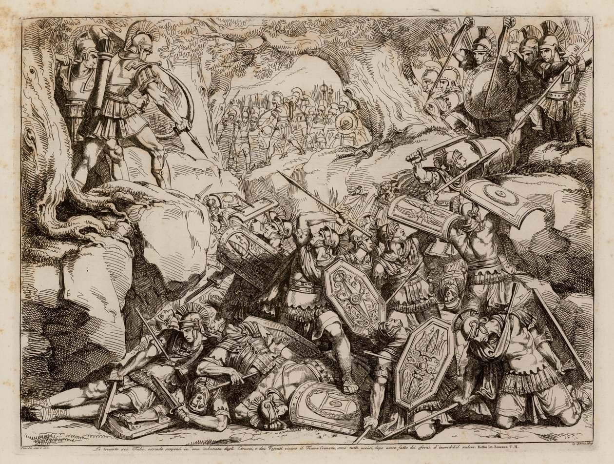 Destrucción de la gens Fabia romana en la batalla de Cremera, 477 a.C. (grabado) de Bartolomeo Pinelli