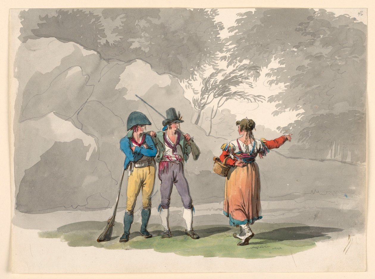 Dibujo, Una mujer y dos hombres armados. Trajes del Reino de Nápoles, 1807-08 de Bartolomeo Pinelli