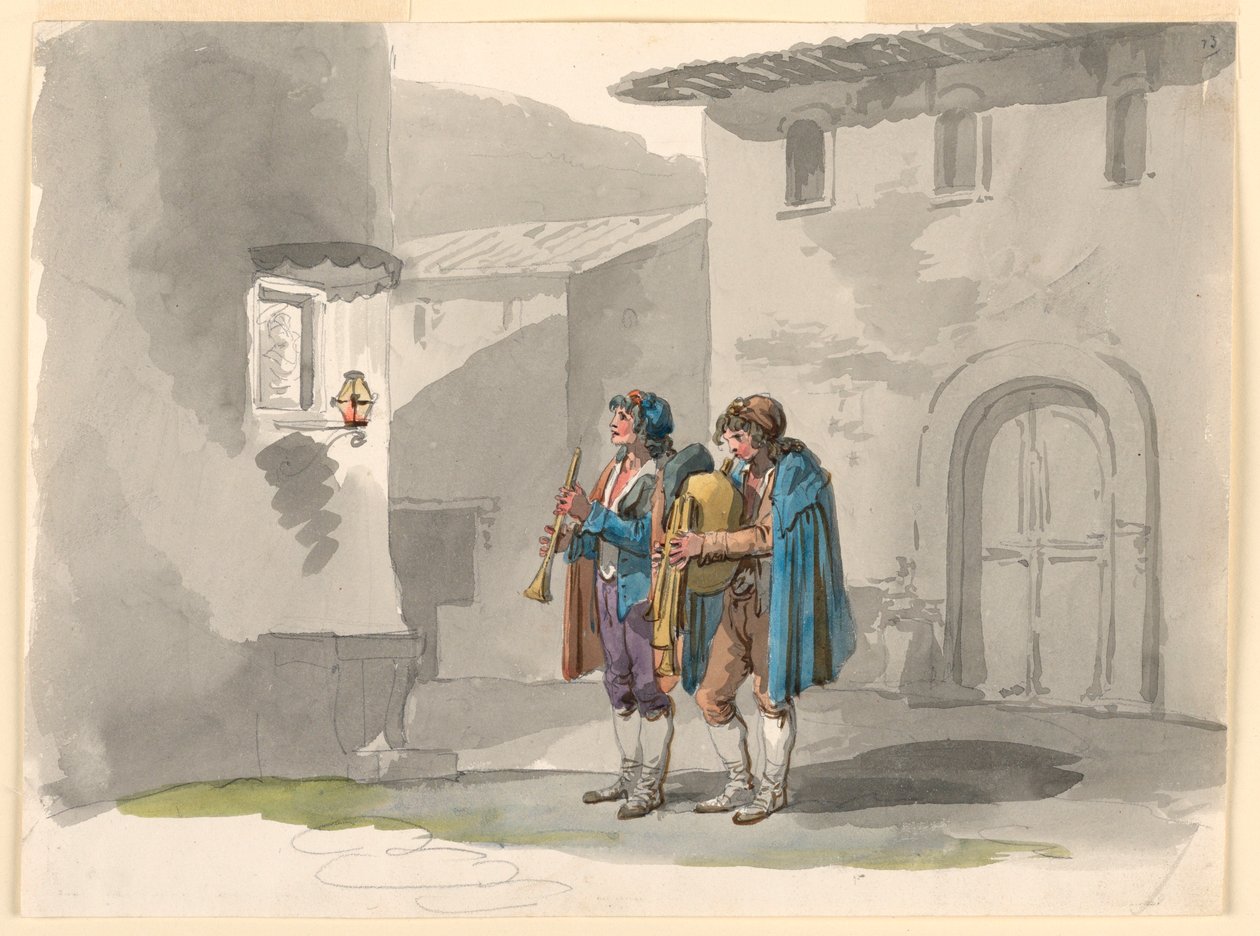 Dibujo, "Pifferari", Dos gaiteros de los Abruzos en Roma, 1807-08 de Bartolomeo Pinelli