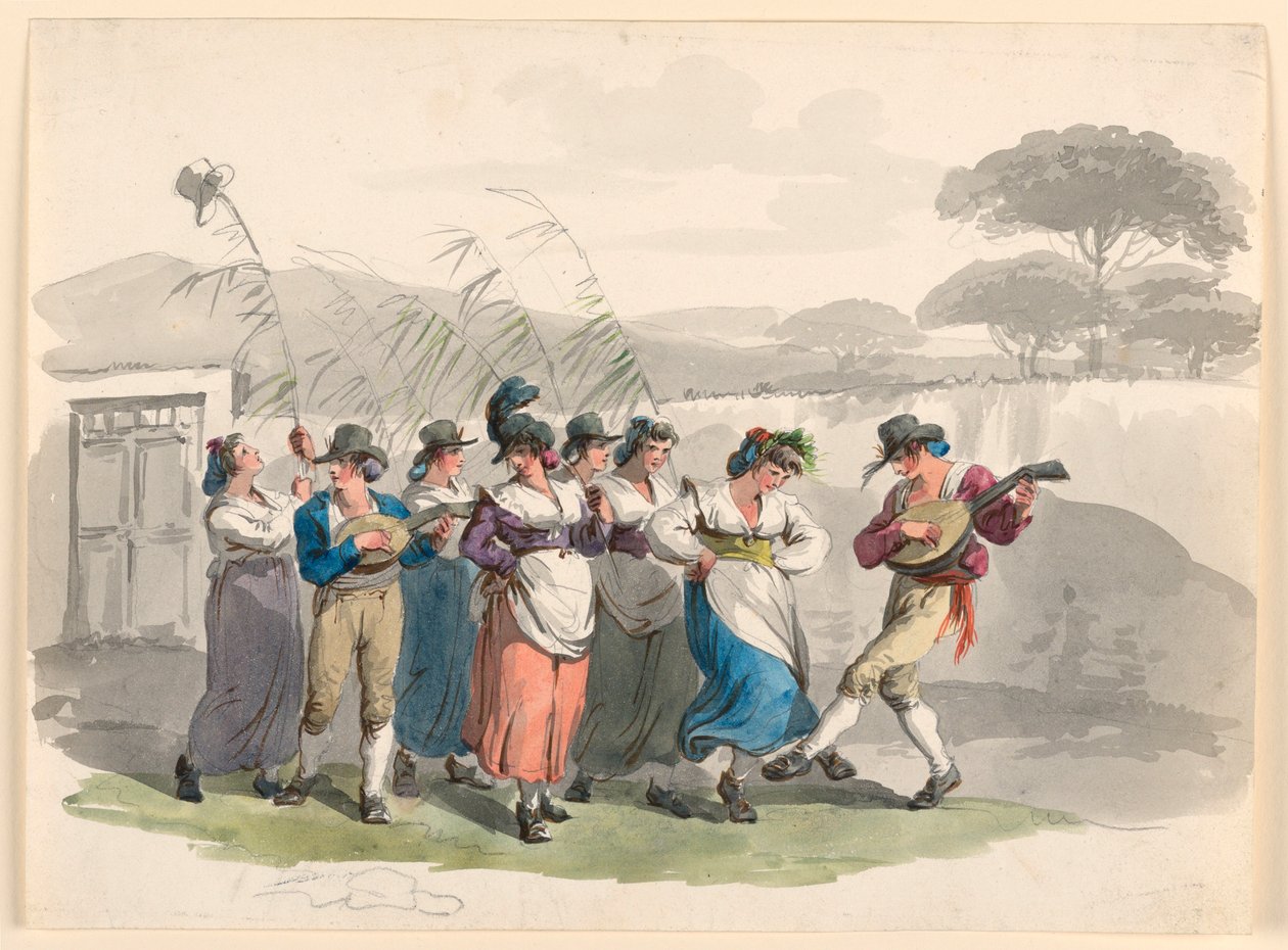 Dibujo, "Saltarello Romano", Campesinos danzantes en el barrio de Roma, 1807-08 de Bartolomeo Pinelli