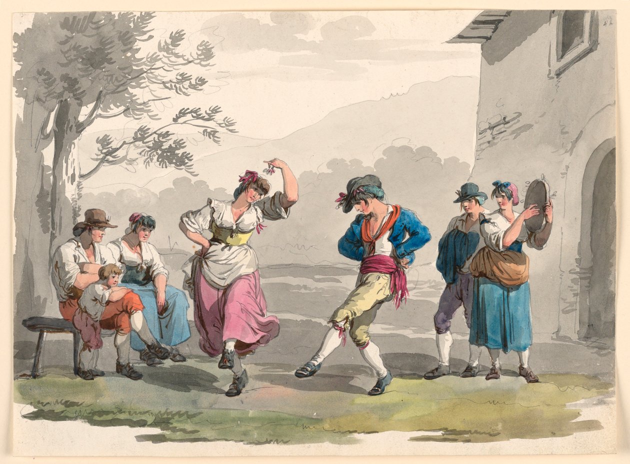 Dibujo, "Saltarello Romano", Campesinos danzantes en el barrio de Roma, 1807-08 de Bartolomeo Pinelli