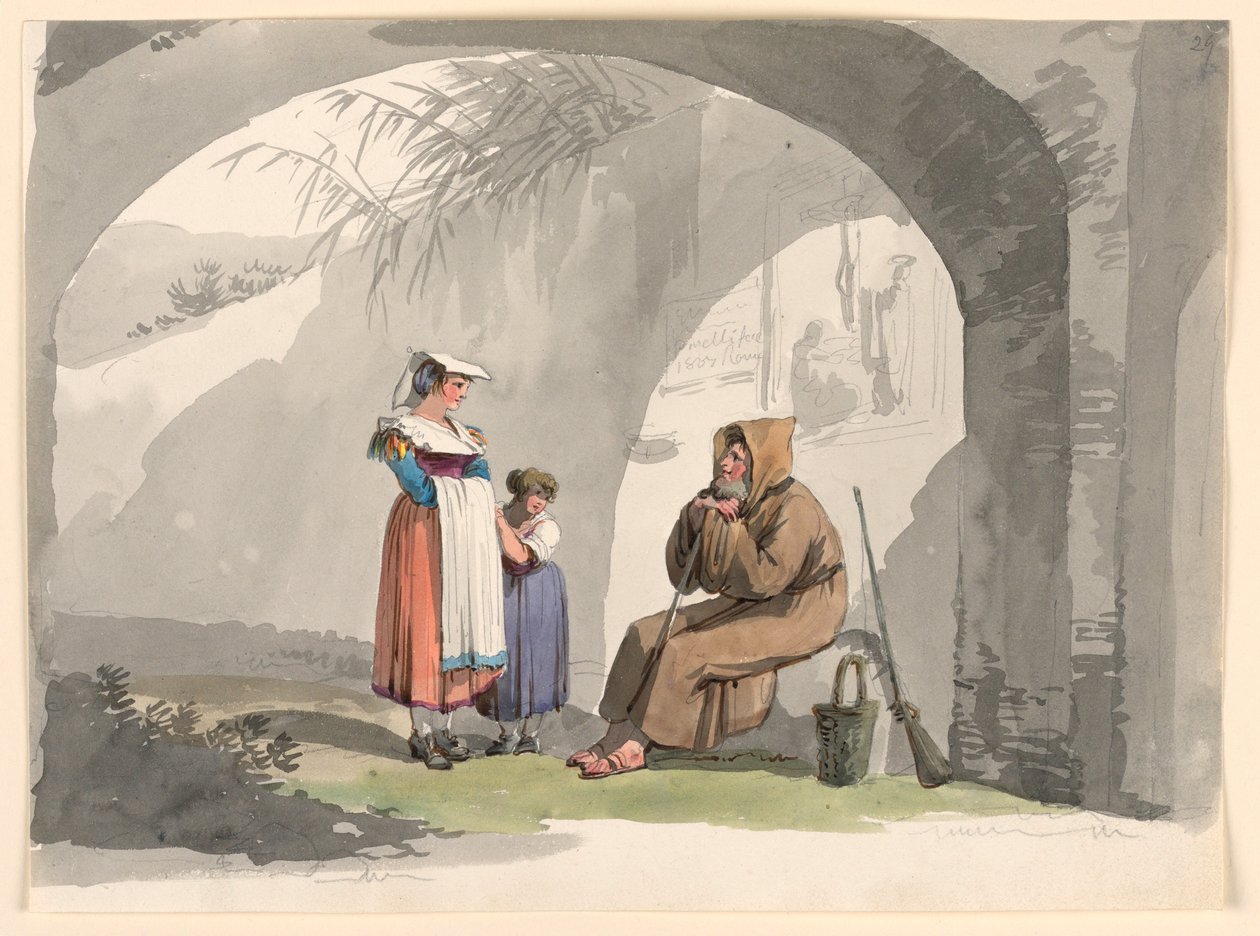Dibujo, Dos muchachas de Frascati visitan a un ermitaño, 1807 de Bartolomeo Pinelli