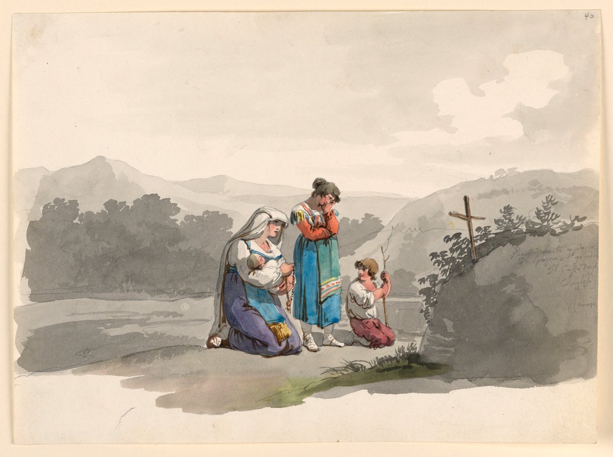 Dibujo, Mujer con un bebé rezando ante la cruz que señala el lugar donde fue asesinado su marido, 1807-08 de Bartolomeo Pinelli