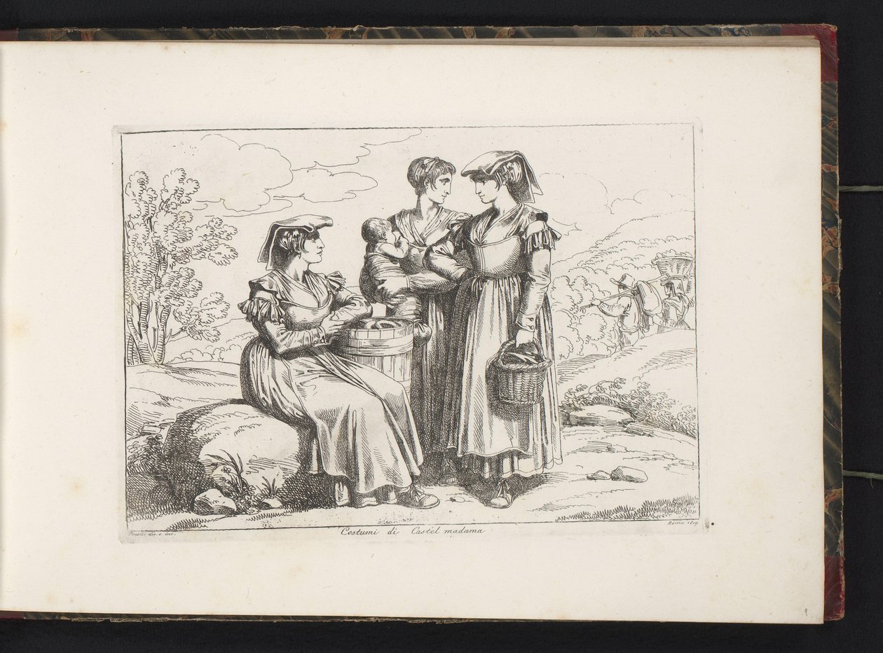 Tres mujeres y un niño de Castel Madama Costumi di Castel madama (título sobre el objeto) Estampados de vestuario con figuras de Roma y alrededores (título de la serie) Nuova raccolta di cinquanta costumi de contorni di Roma (título de la serie) de Bartolomeo Pinelli