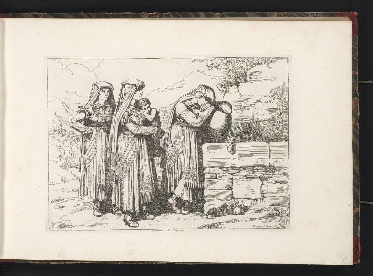 Tres mujeres y un niño de Cervara di Roma Costumi di Cervara (título sobre objeto) Estampados de vestuario con figuras de Roma y alrededores (título de la serie) Nuova raccolta di cinquanta costumi de contorni di Roma (título de la serie) de Bartolomeo Pinelli