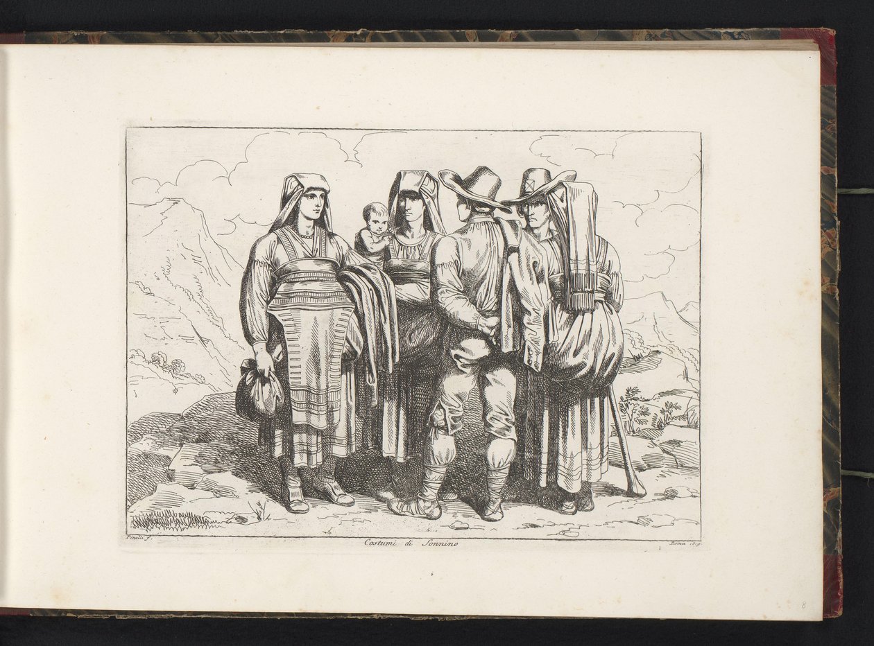 Tres mujeres y dos hombres de Sonnino Costumi di Sonnino (título sobre objeto) Estampados de vestuario con figuras de Roma y alrededores (título de la serie) Nuova raccolta di cinquanta costumi de contorni di Roma (título de la serie) de Bartolomeo Pinelli