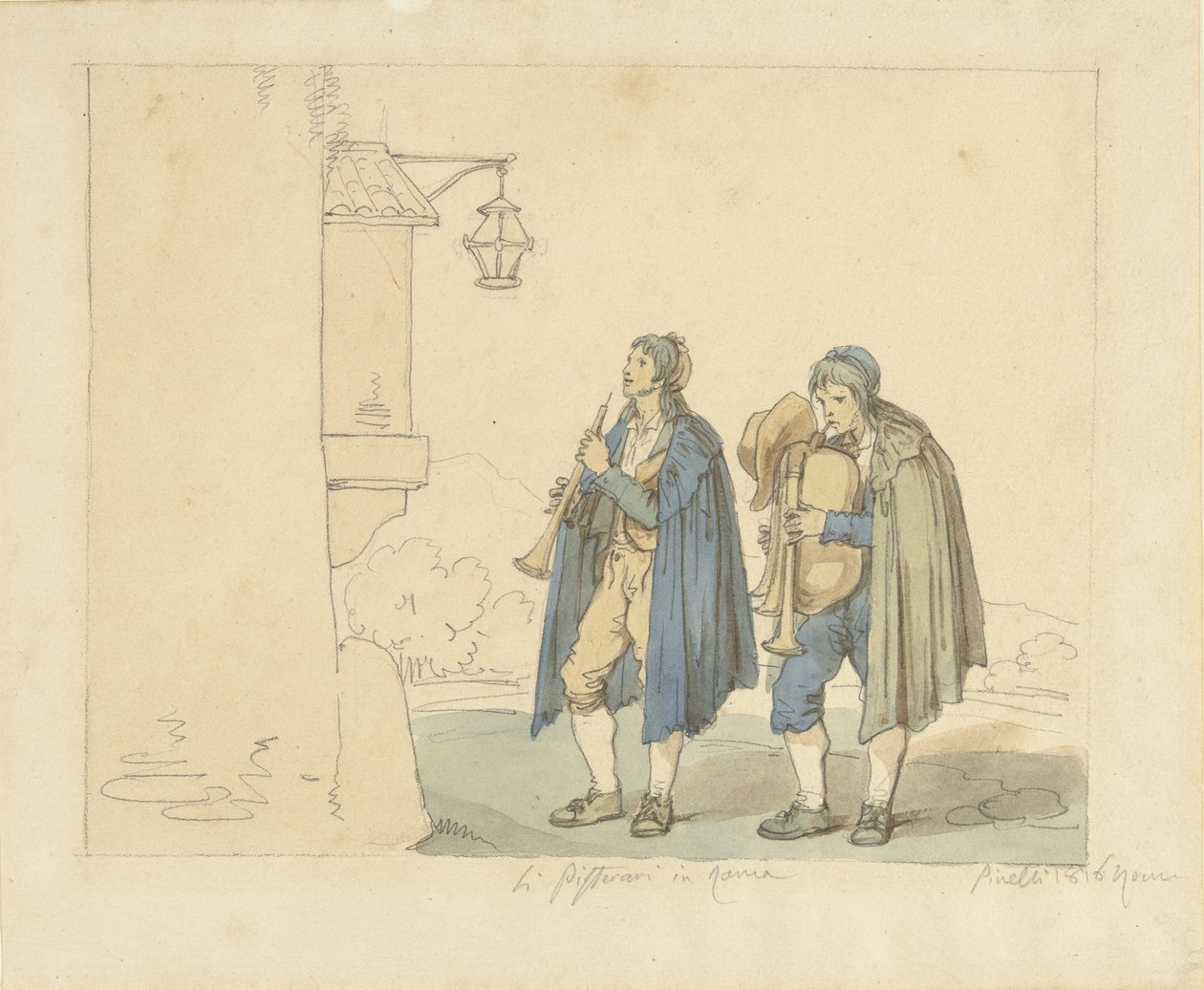 Flautista y gaitero delante de una casa
Li Pifferari in Roma (título en el objeto) de Bartolomeo Pinelli