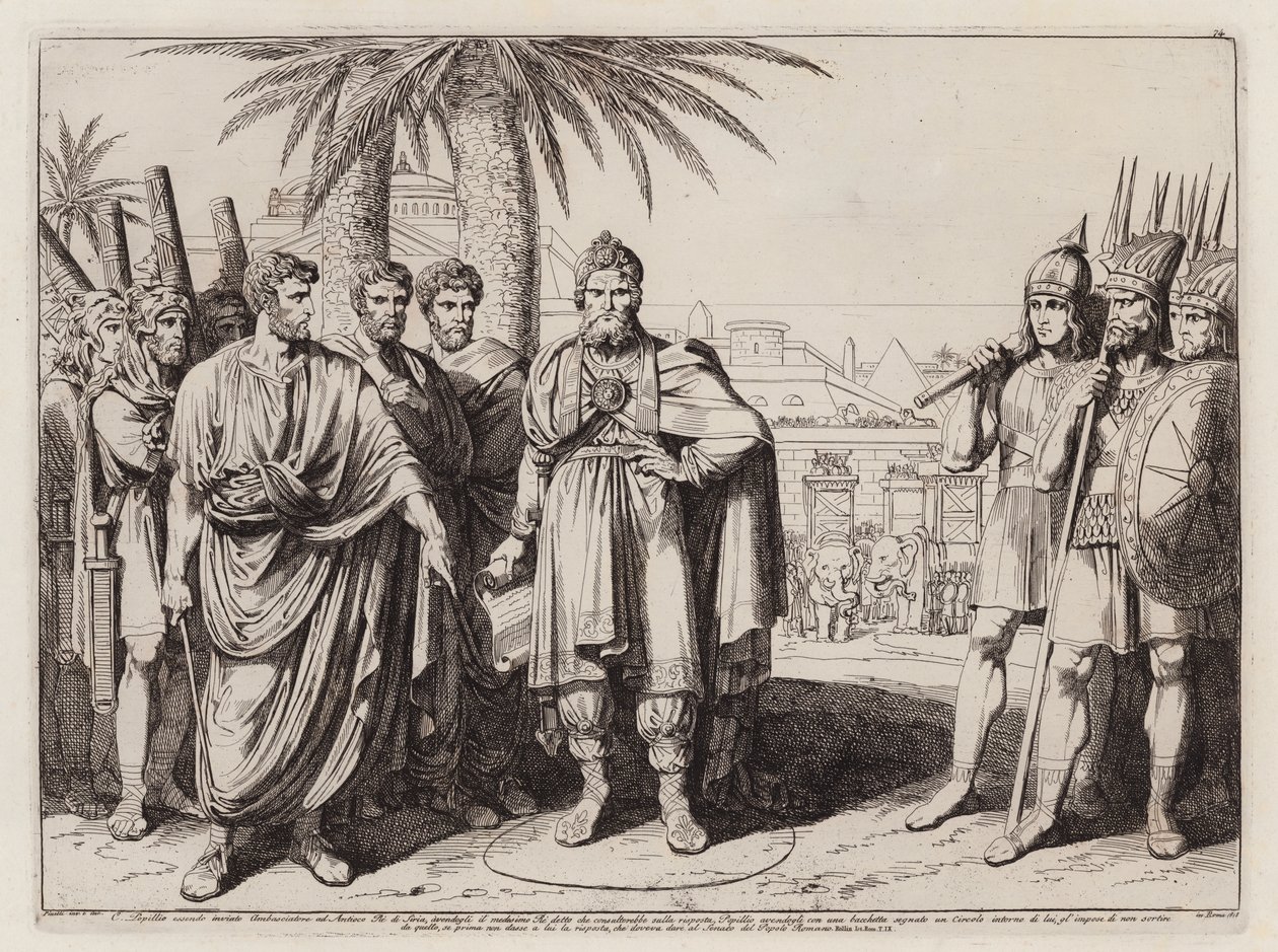Cayo Popilio Laenas dibujando un círculo en la arena alrededor de Antíoco IV Epífanes (aguafuerte) de Bartolomeo Pinelli