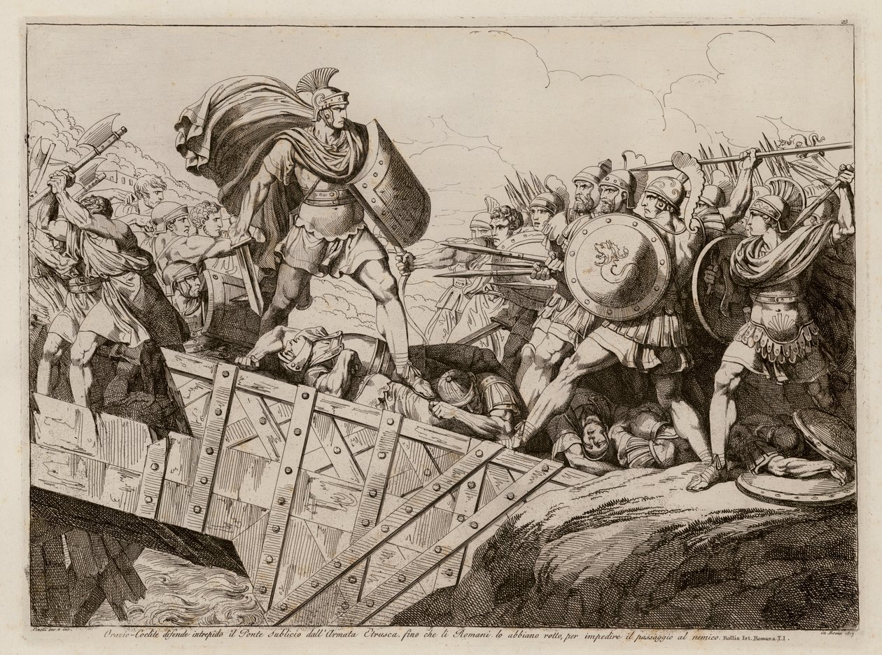 Horacio Cocles defendiendo el Pons Sublicius, 509 a.C. (aguafuerte) de Bartolomeo Pinelli