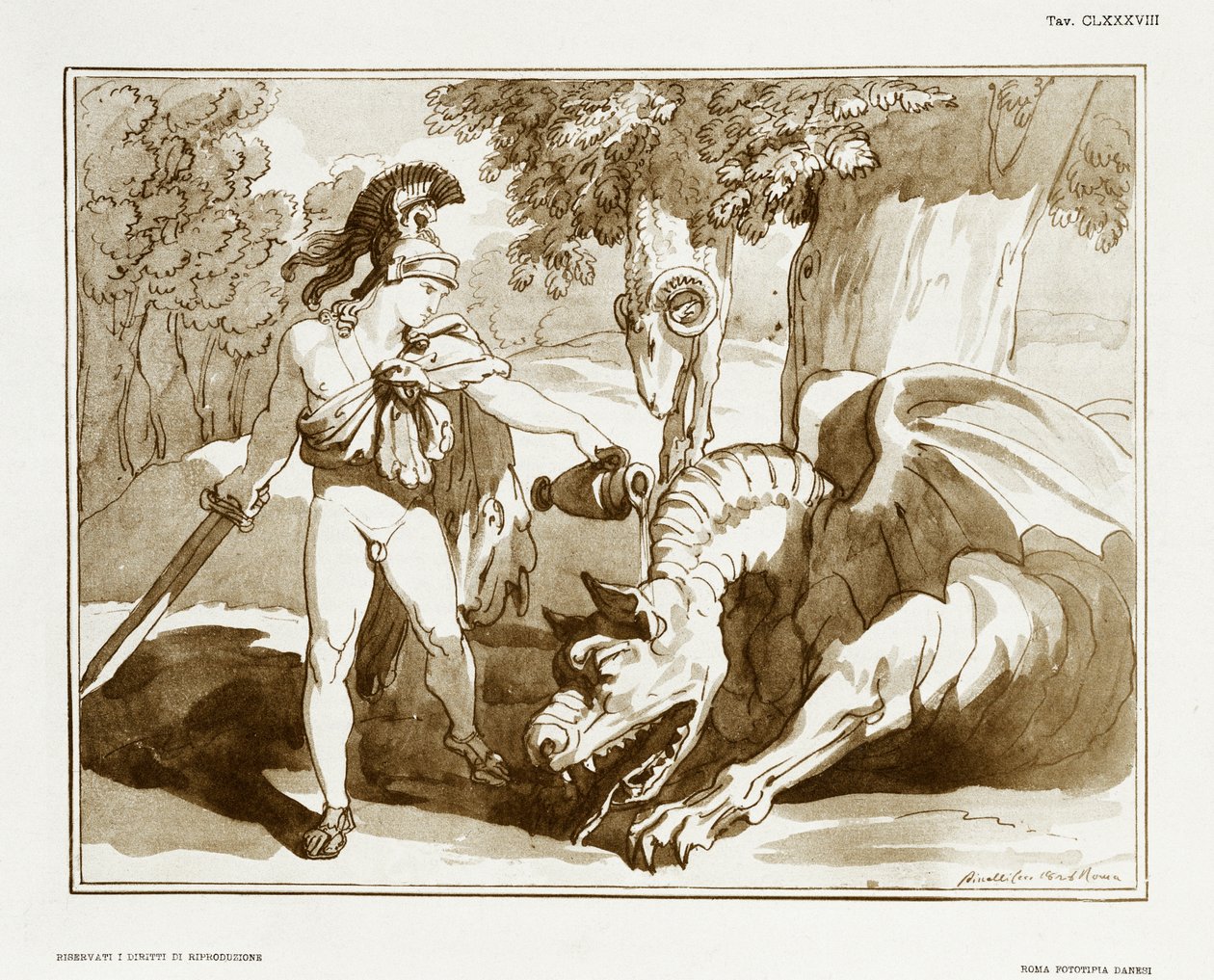 Jason adormeciendo al dragón que guarda el Vellocino de Oro de Bartolomeo Pinelli