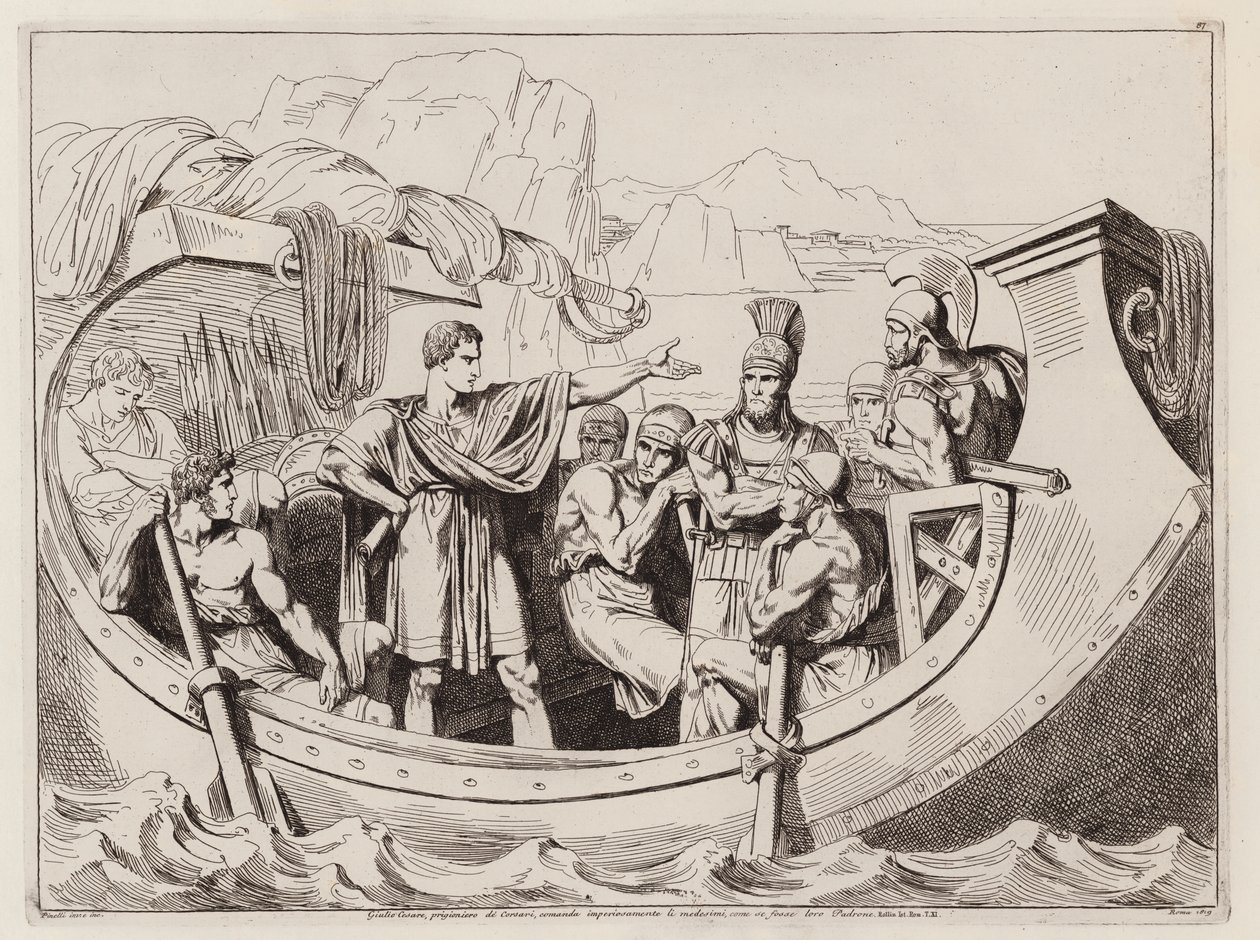 Julio César capturado por piratas cilicios, c75 a.C. (aguafuerte) de Bartolomeo Pinelli