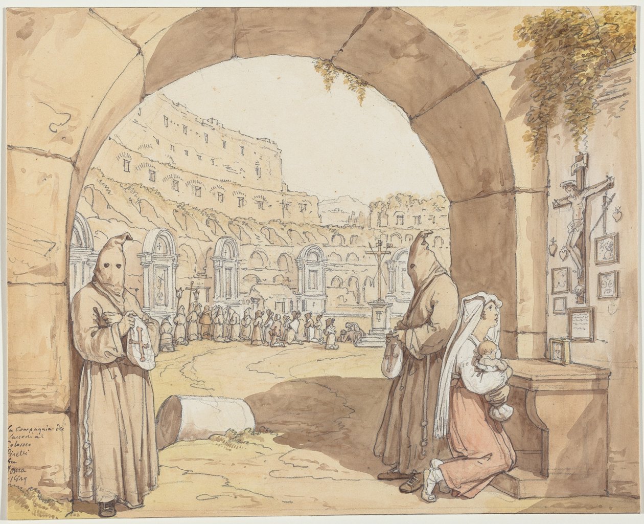 La Compagnia dei sacconi al Colosseo (Penitentes rezando ante los altares del Coliseo) de Bartolomeo Pinelli