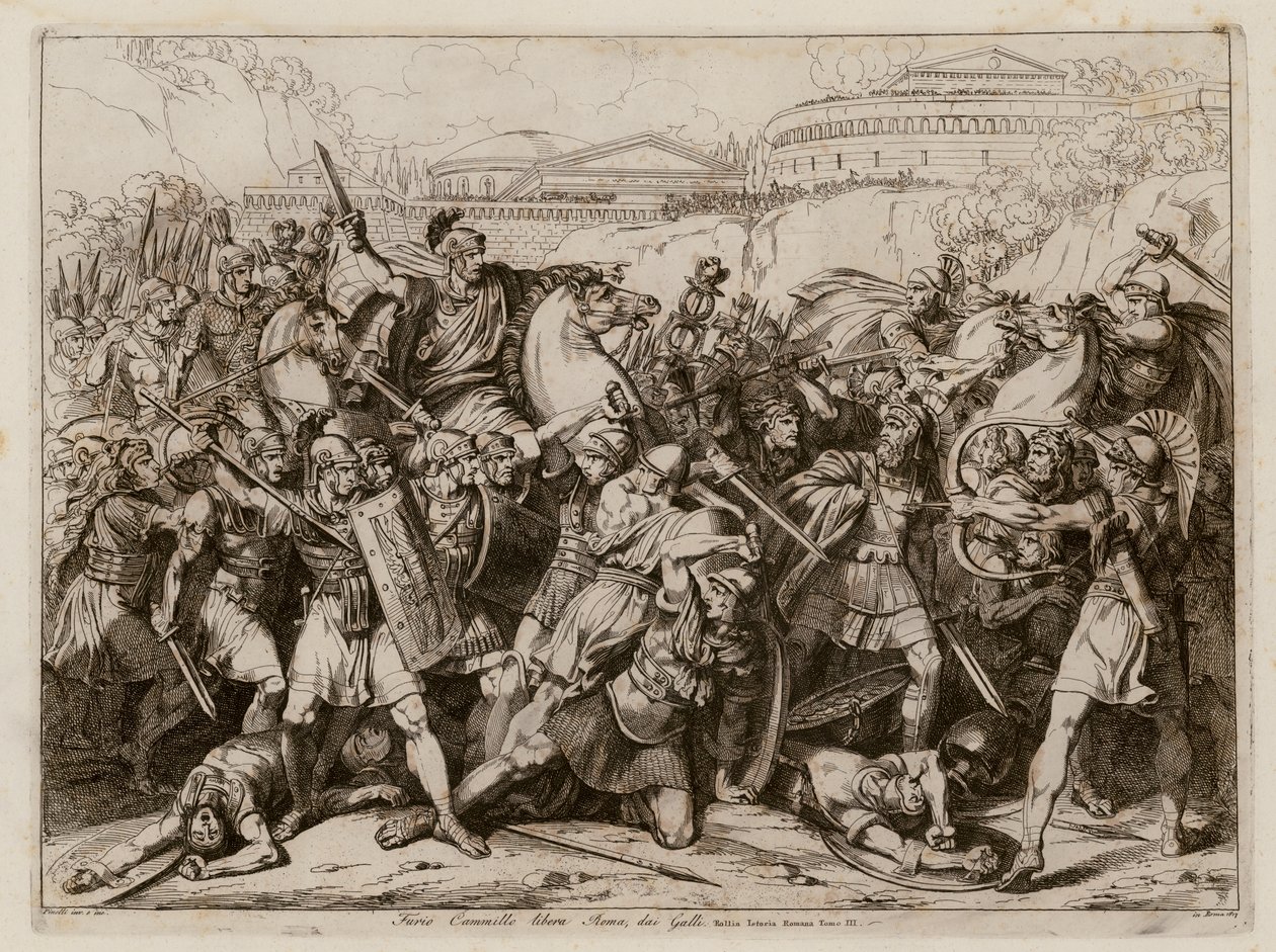 Marco Furio Camilo liberando Roma de los galos, 390 a.C. (aguafuerte) de Bartolomeo Pinelli