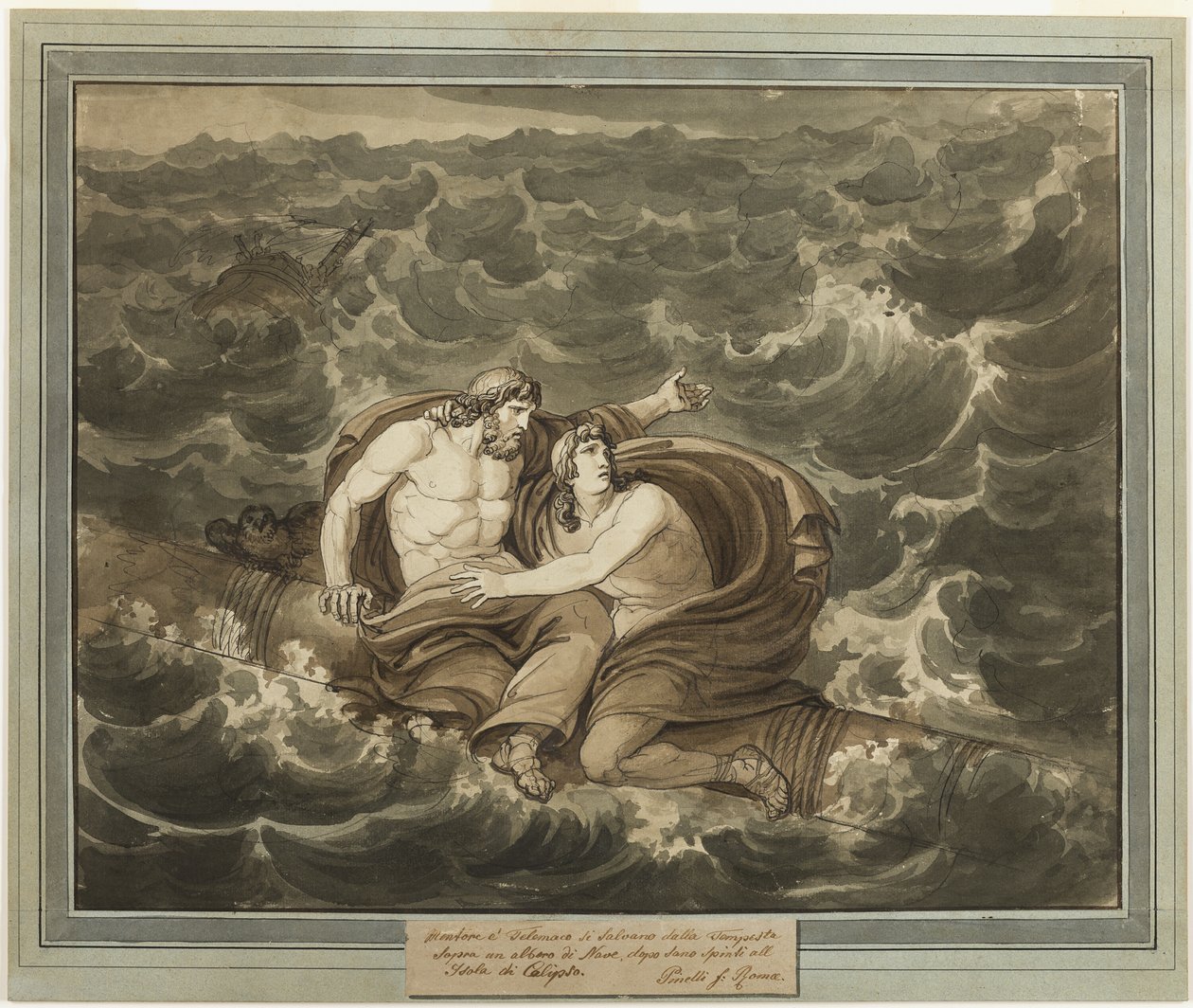 Mentor y Telémaco, después de sobrevivir a la tormenta, son llevados a la isla de Calipso en un mástil, del libro Las aventuras de Telémaco, Libro 6 de Bartolomeo Pinelli