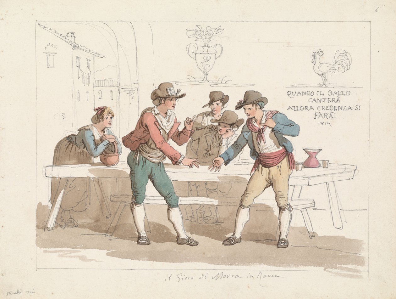 Jugando al juego «Morra» en una taberna romana, ilustración para «Trajes y costumbres romanas» de Bartolomeo Pinelli