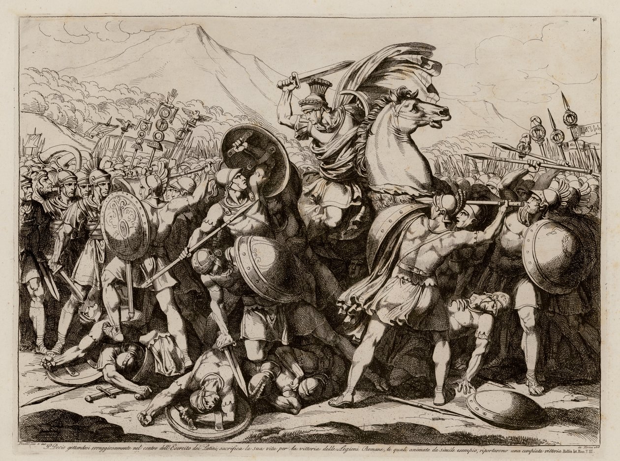 Publio Decio Mus sacrificándose por Roma en la batalla contra los latinos (grabado) de Bartolomeo Pinelli