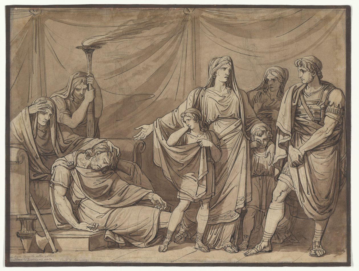 La reina Tranquilla contemplando el cadáver de su marido Tarquino, ilustración para la *Istoria Romana* de Charles Rollin de Bartolomeo Pinelli