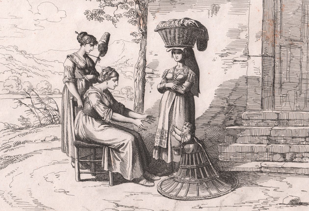 Mujeres romanas con trajes tradicionales, grabado de Bartolomeo Pinelli de Bartolomeo Pinelli