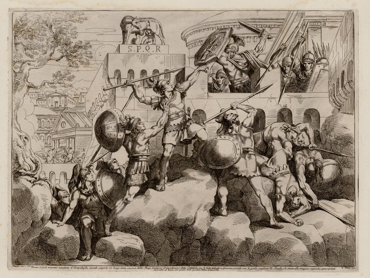 Romanos defendiendo la ciudadela contra los galos tras ser advertidos por las ocas capitolinas, 390 a.C. (aguafuerte) de Bartolomeo Pinelli