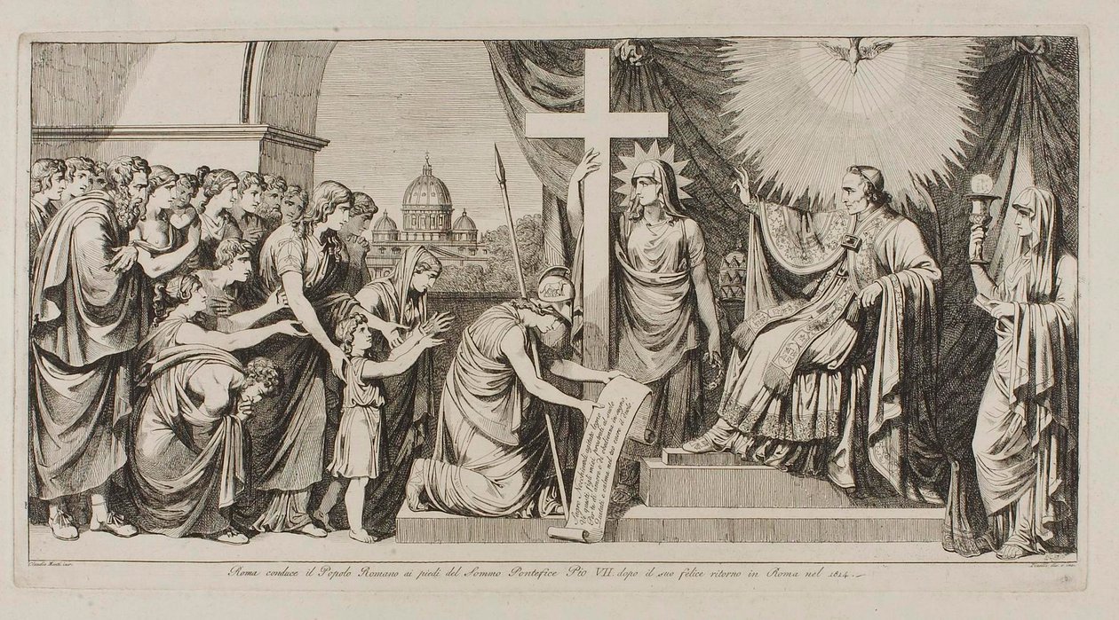 Roma conduce al pueblo romano ante Pío VII después de su regreso a Roma en 1814 de Bartolomeo Pinelli