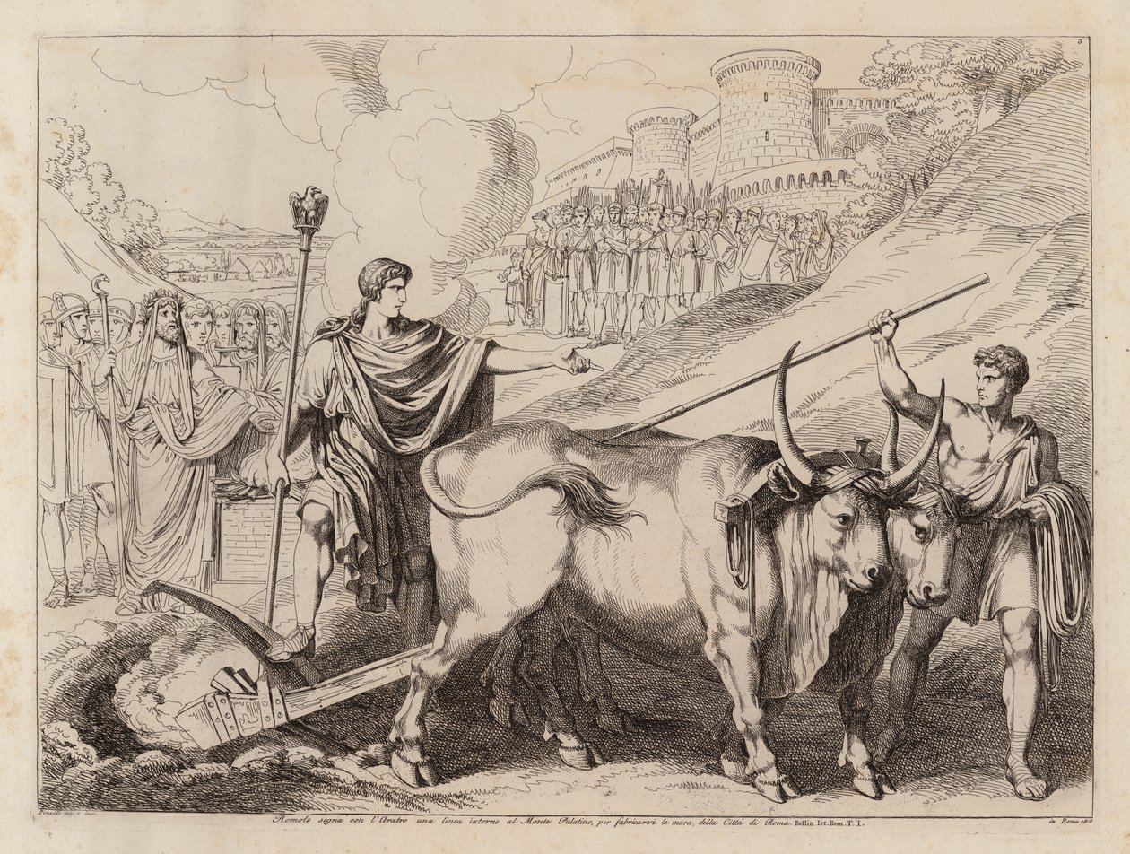 Rómulo marcando los límites de Roma con su arado (grabado) de Bartolomeo Pinelli