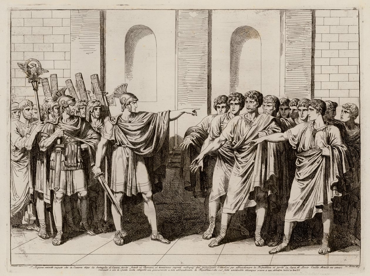 Escipión Africano obliga a los dirigentes de Roma a no abandonar la República tras la batalla de Cannae, 216 a.C. (aguafuerte) de Bartolomeo Pinelli