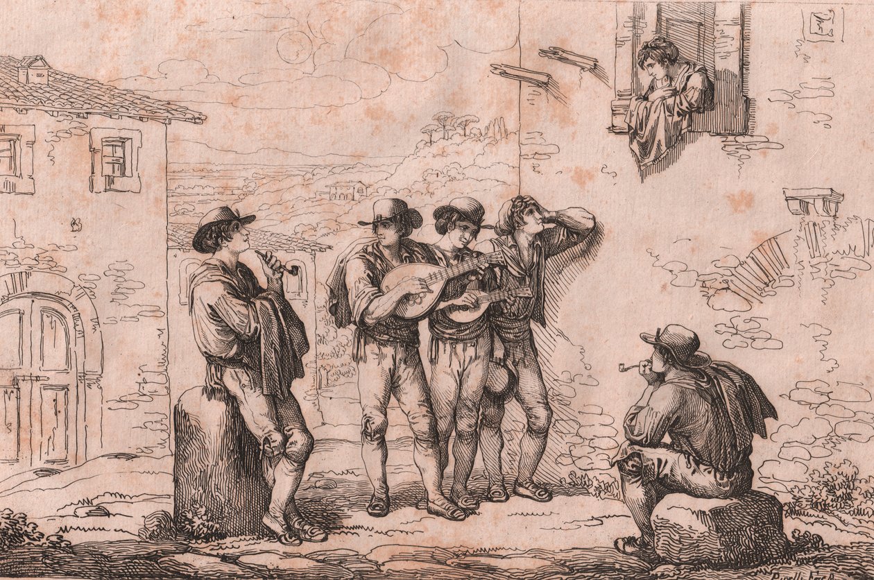 Serenata en Roma, grabado de Bartolomeo Pinelli de Bartolomeo Pinelli