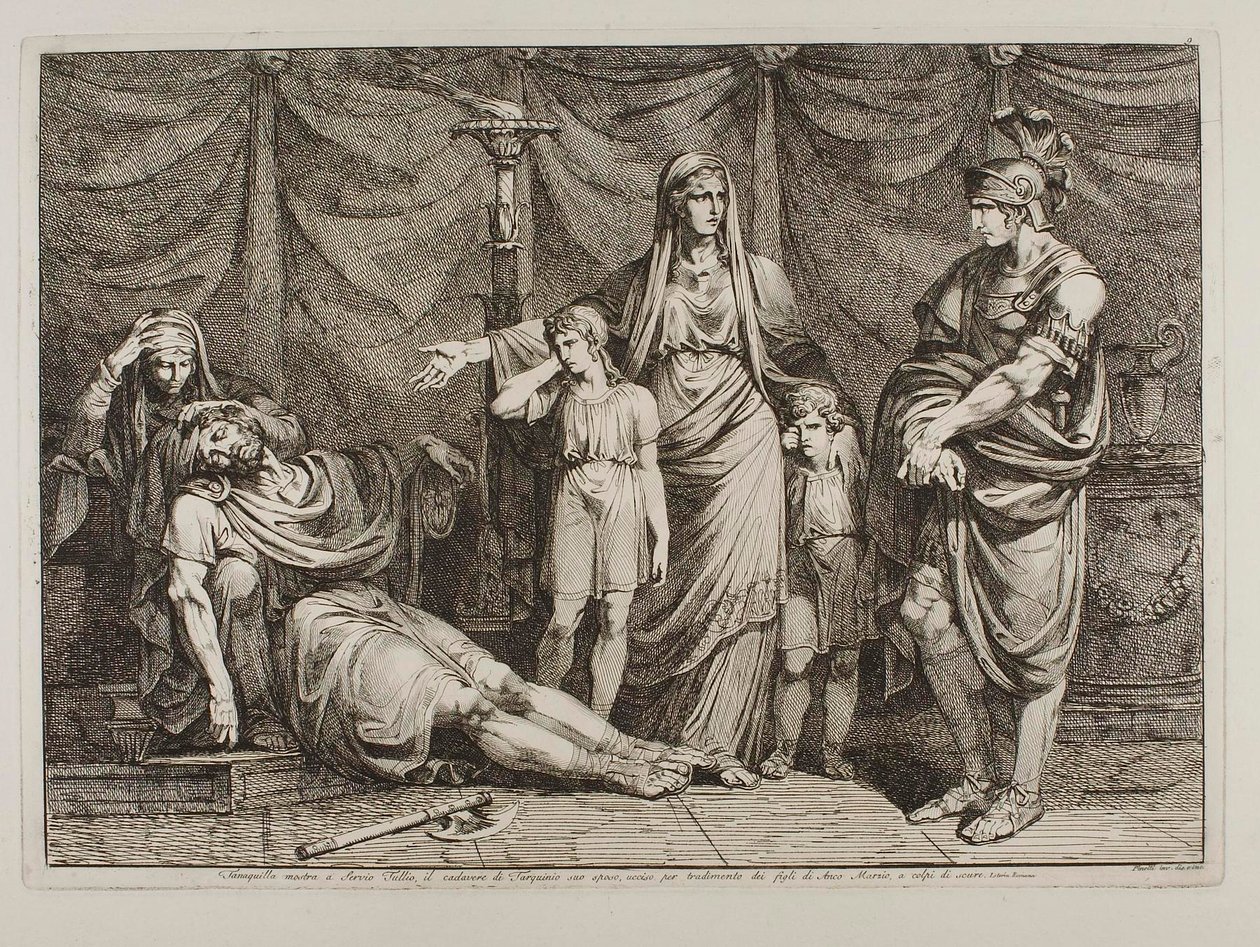 Tanaquilla muestra el cadáver de Tarquinio a Servio Tulio de Bartolomeo Pinelli