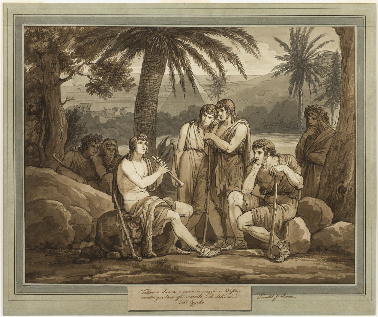 Telémaco toca y canta para los pastores en Egipto, del libro 2 de Las aventuras de Telémaco de Bartolomeo Pinelli