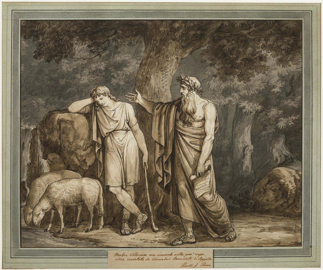 Telémaco es consolado por Termosiris, sacerdote de Apolo, de Las aventuras de Telémaco, Libro 2 de Bartolomeo Pinelli
