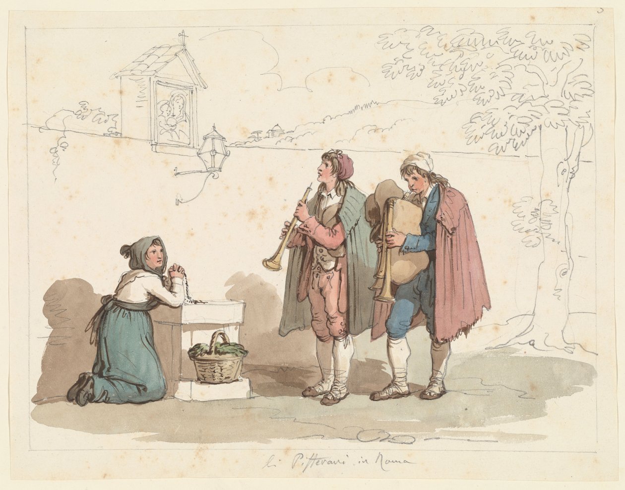 El gaitero y el pífano en Roma, ilustración para Trajes y costumbres romanos de Bartolomeo Pinelli