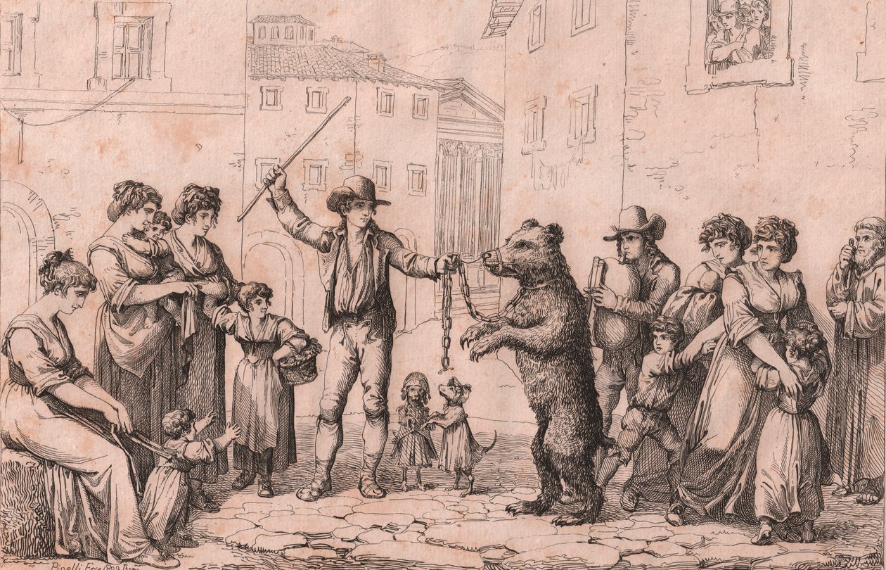 La danza del oso en Roma, grabado de Bartolomeo Pinelli de Bartolomeo Pinelli