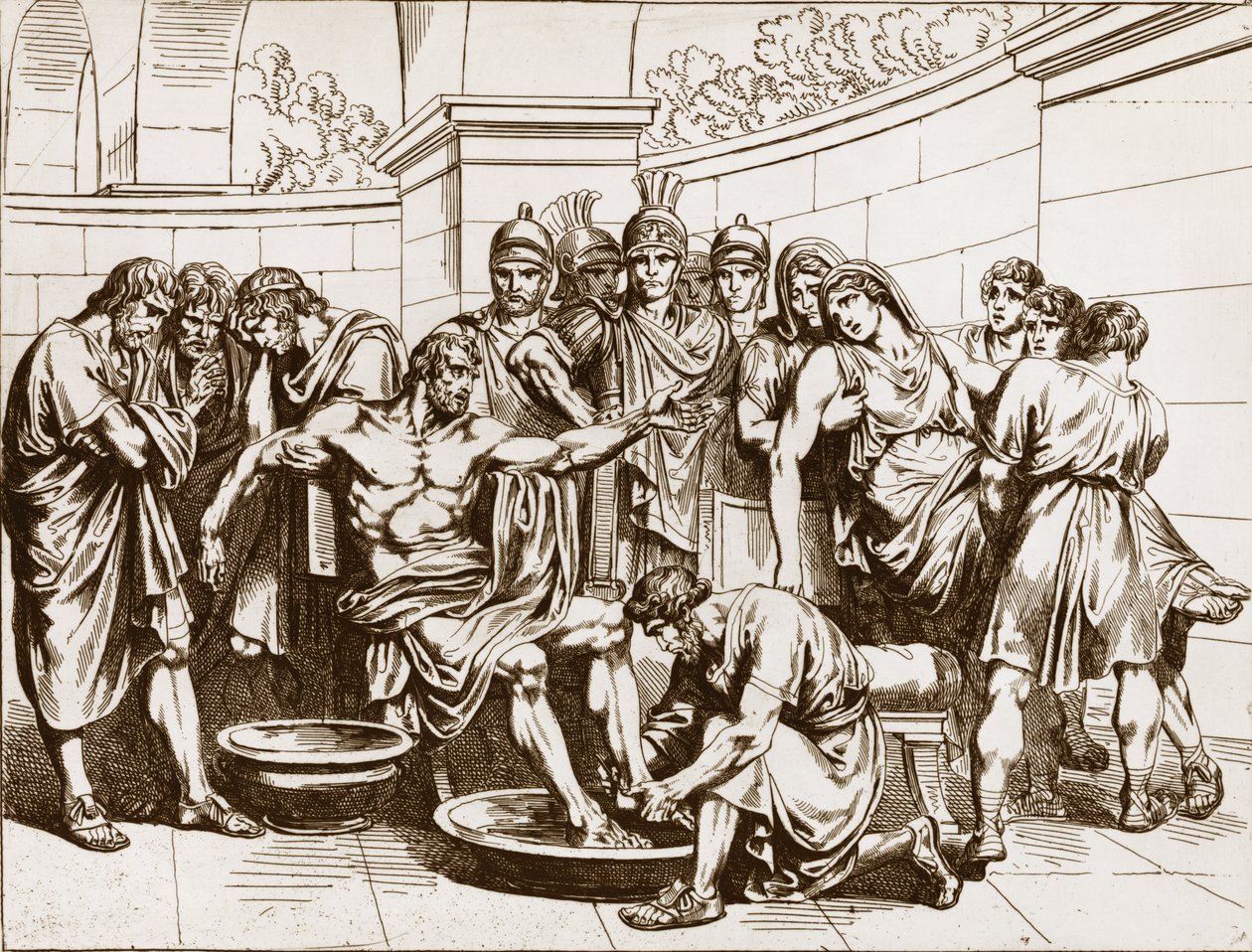 El filósofo romano Séneca (Lucius Annaeus Seneca, 4 a.C.-65 d.C.), acusado de participar en una conspiración contra el emperador Nerón, fue ordenado a suicidarse - grabado por Bartolomeo Pinelli - Muerte de Séneca, grabado por Bartolomeo Pinelli (1781-1835 de Bartolomeo Pinelli