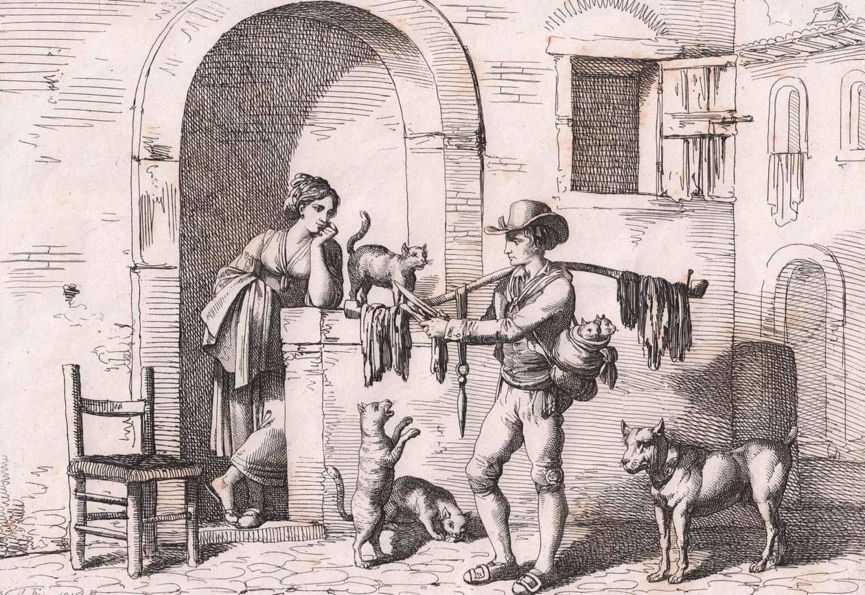 El carnacciaro, vendedor ambulante de carne de gato, grabado de Bartolomeo Pinelli de Bartolomeo Pinelli
