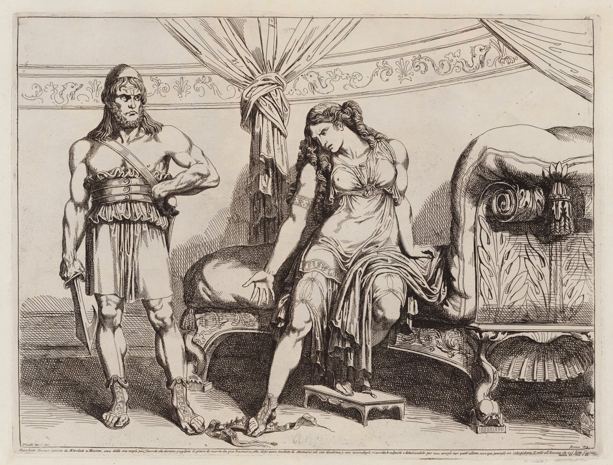 El eunuco Báquides enviado por Mitrídates VI del Ponto a su esposa Mónima (aguafuerte) de Bartolomeo Pinelli