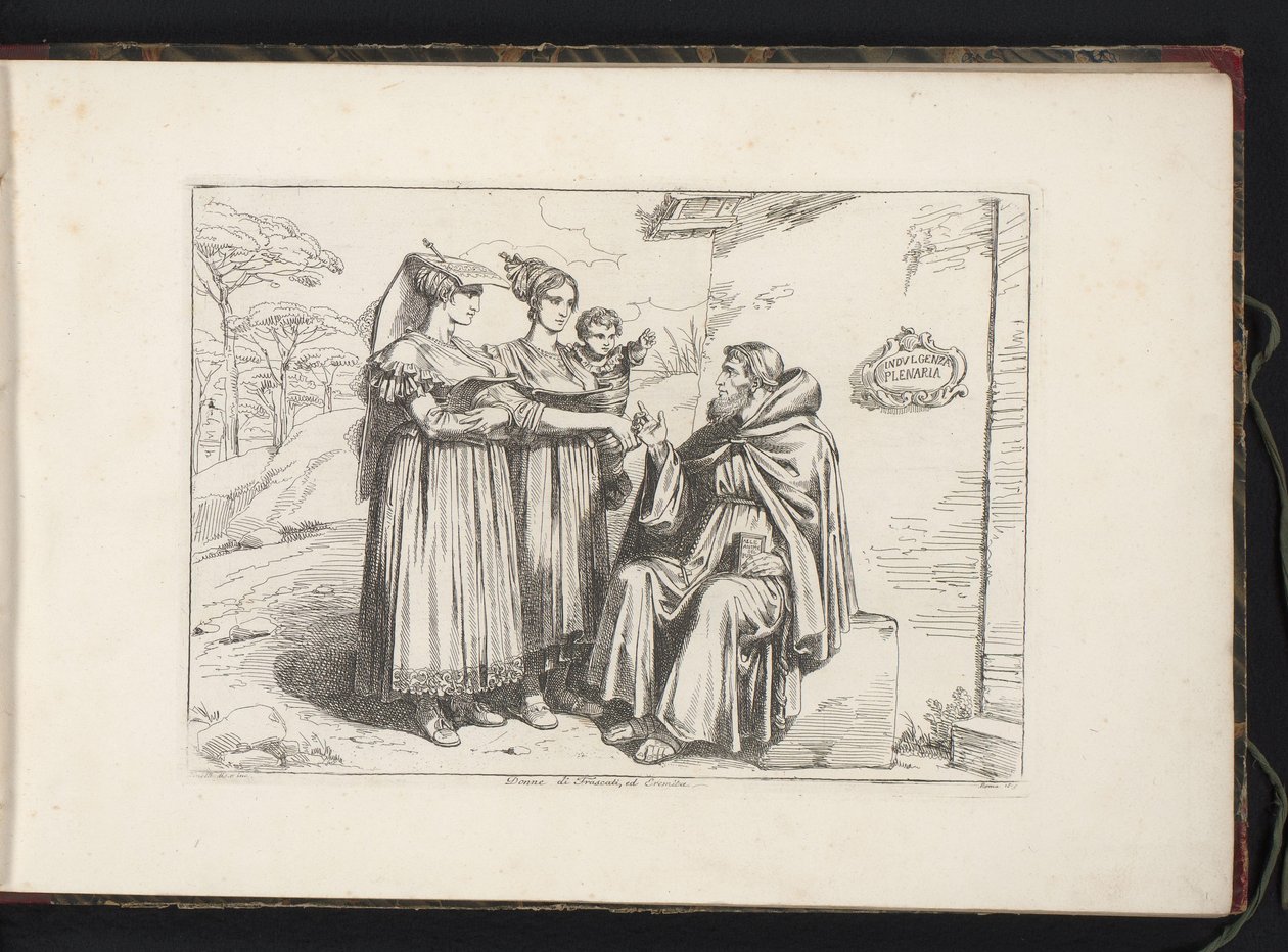 Dos mujeres de Frascati y un ermitaño Donne di Frascati, Ed. Eremita (título sobre el objeto) Estampados de vestuario con figuras de Roma y alrededores (título de la serie) Nuova raccolta di cinquanta costumi de contorni di Roma (título de la serie) de Bartolomeo Pinelli