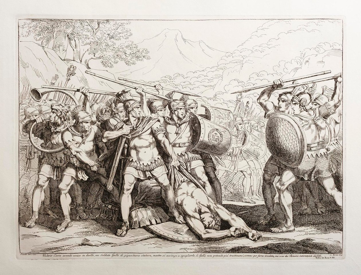 Valerio Corvo, tras haber matado en un duelo a un soldado galo de estatura gigantesca, cuando está a punto de despojarlo de sus armas, los galos, incapaces de contenerse, acuden a vengarlo, pero son derrotados por completo por los romanos. de Bartolomeo Pinelli