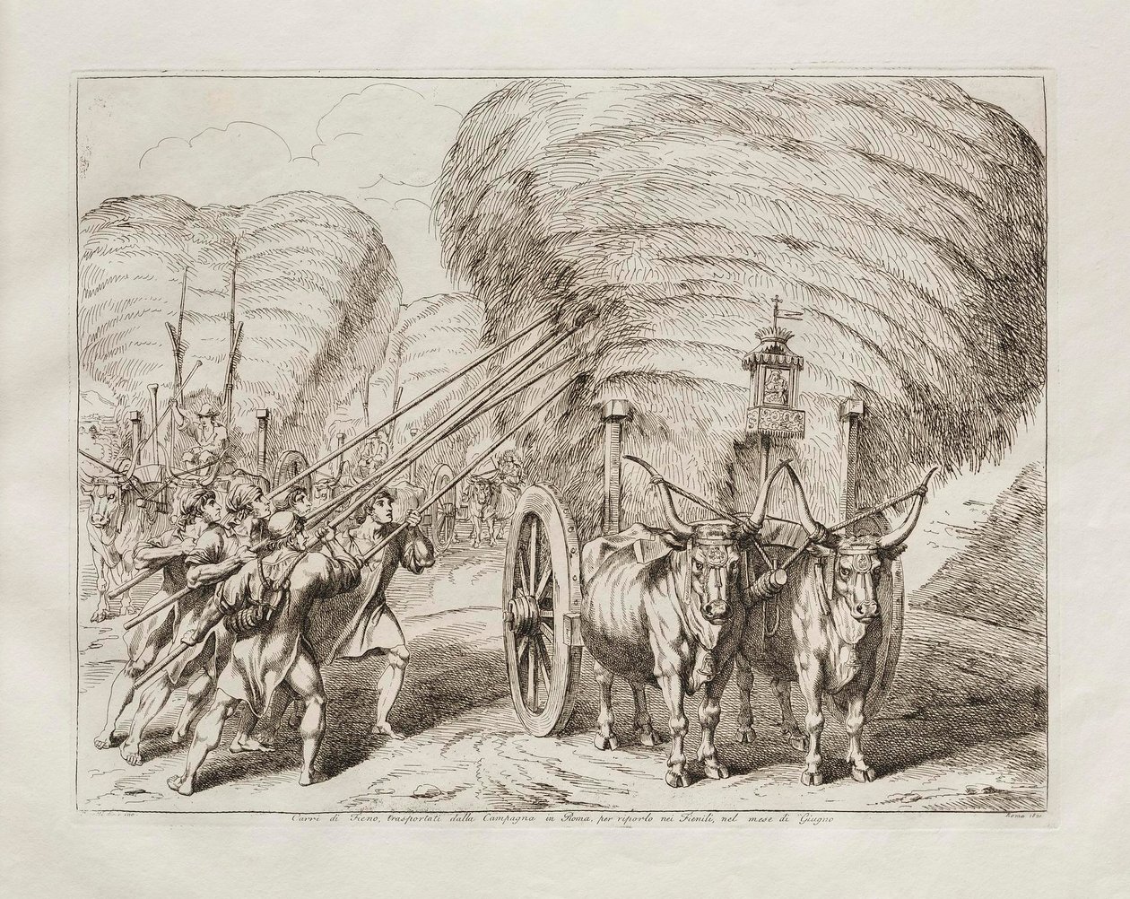 Carretas cargadas de heno que se transportaban desde el campo hasta Roma para llevarlas a los graneros en el mes de junio de Bartolomeo Pinelli