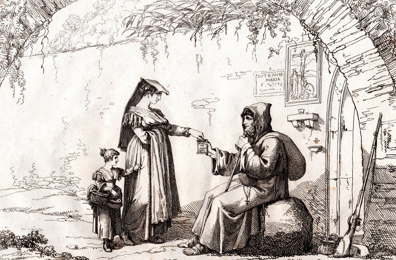 Mujer de Frascati y un ermitaño, grabado de Bartolomeo Pinelli de Bartolomeo Pinelli