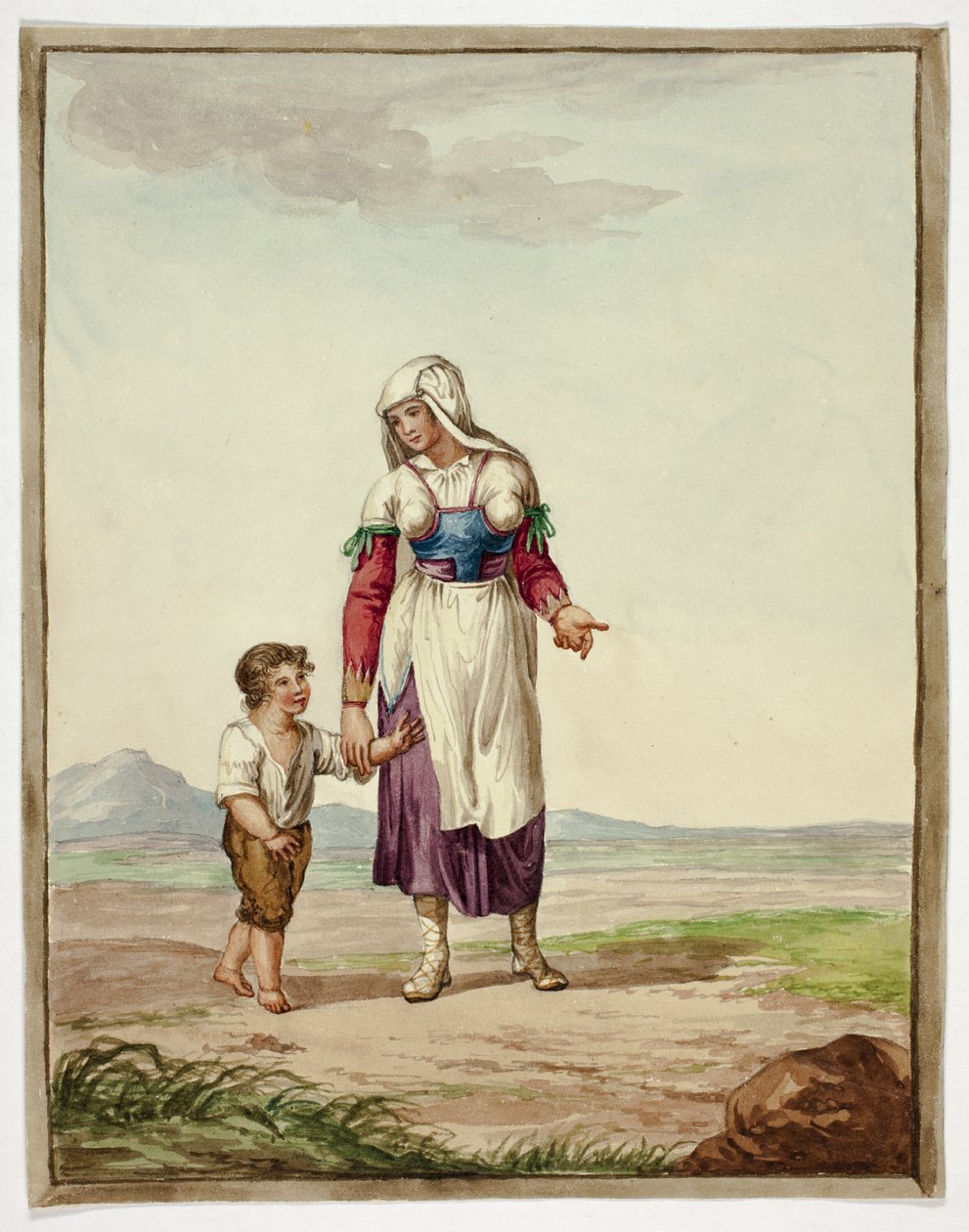 Mujer vestida de india con niño en la carretera de Bartolomeo Pinelli