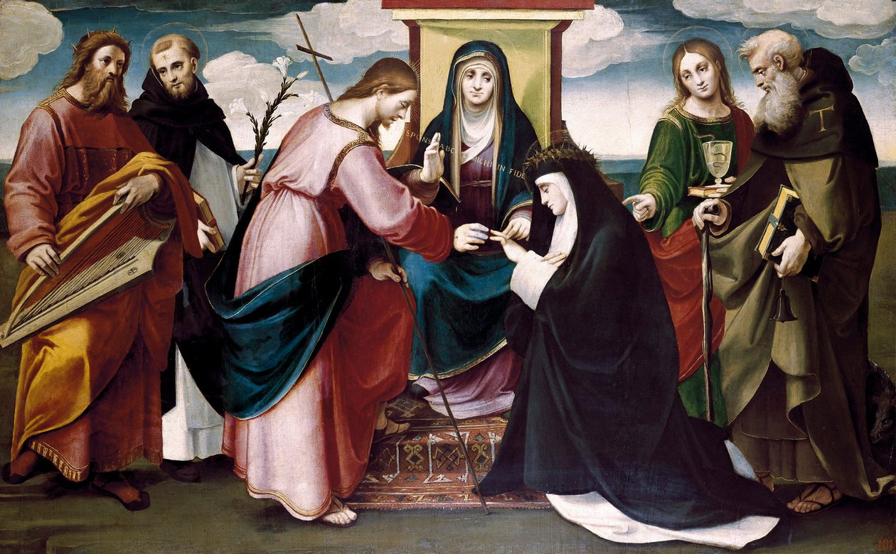 Las bodas místicas de Santa Catalina de Siena con Cristo, y los santos Juan Bautista, Antonio Abate, Domingo, el rey David y la Virgen María, c. 1517 (óleo sobre tabla) de Bartolomeo called Bagnacavallo Ramenghi