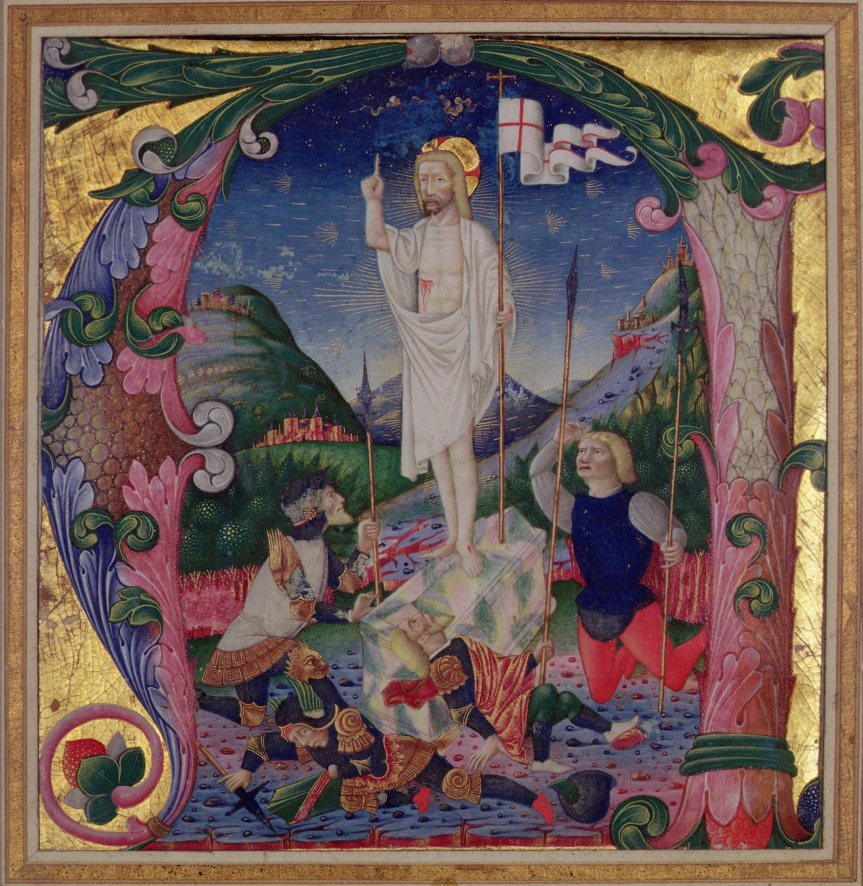 Inicial historiada A que representa la Resurrección de Cristo, Escuela de Lombardía de Bartolomeo de Rigossi da Gallarate attr. to Bartolomeo de Rigossi da Gallarate attr. to