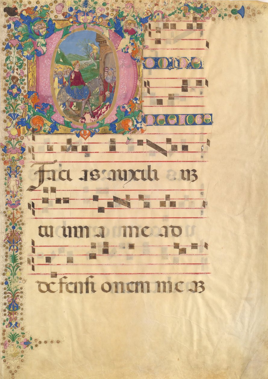 Hoja de manuscrito con la entrada en Jerusalén el Domingo de Ramos en una inicial D..., siglo XV-XVI de Bartolomeo di Domenico di Guido