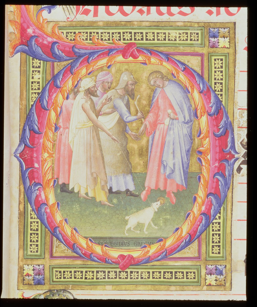 Ms 518 f.1r Inicial historiada O que representa a Tobías y el ángel de Bartolomeo di Frusino