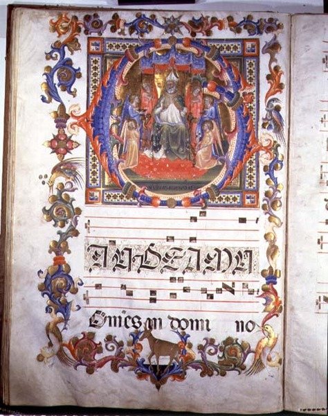 Página con iluminación que representa a Aegidius (San Gil) entronizado y rodeado de ángeles, del 