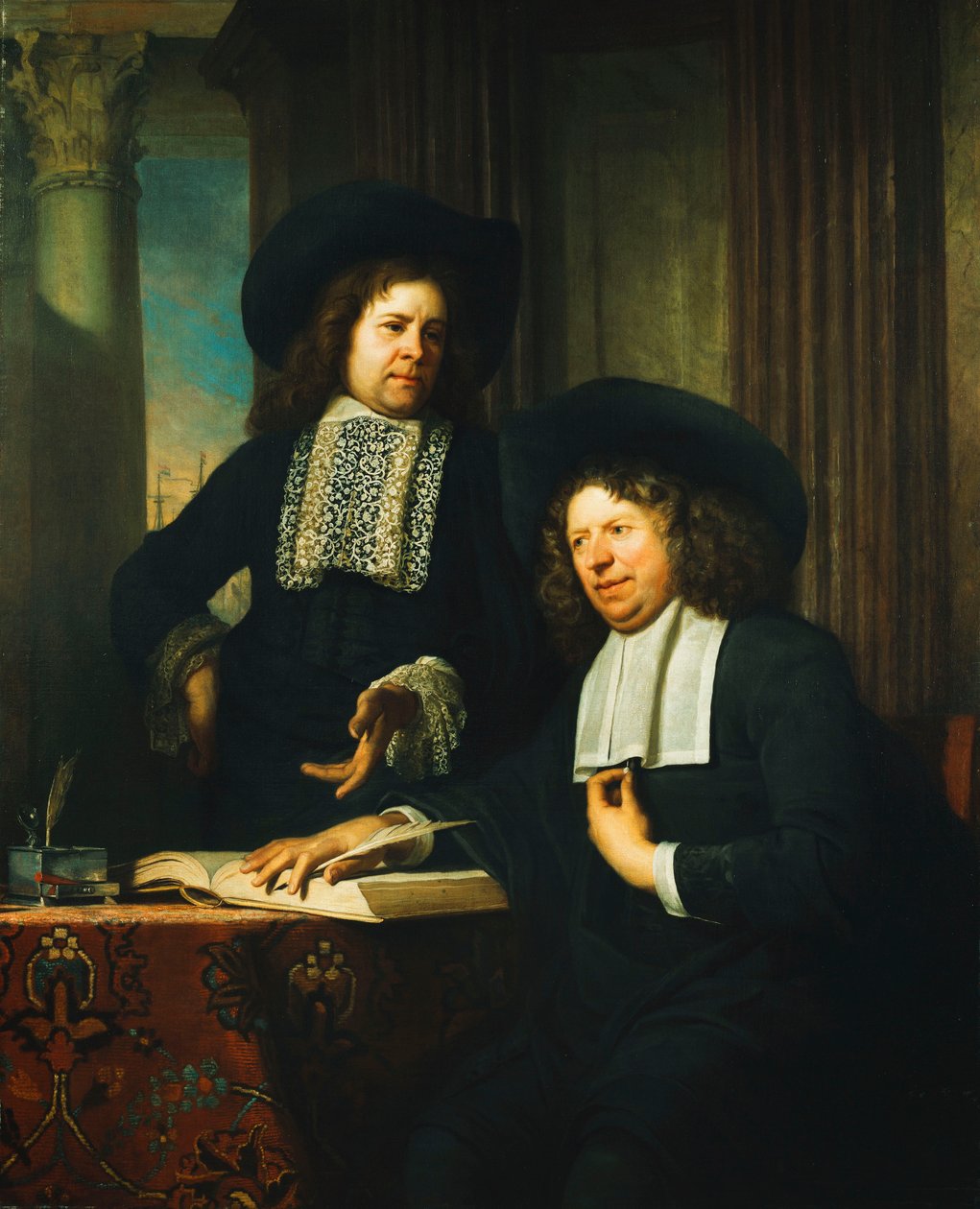 Dos caballeros, uno sentado en una mesa de Bartolomeus van der Helst