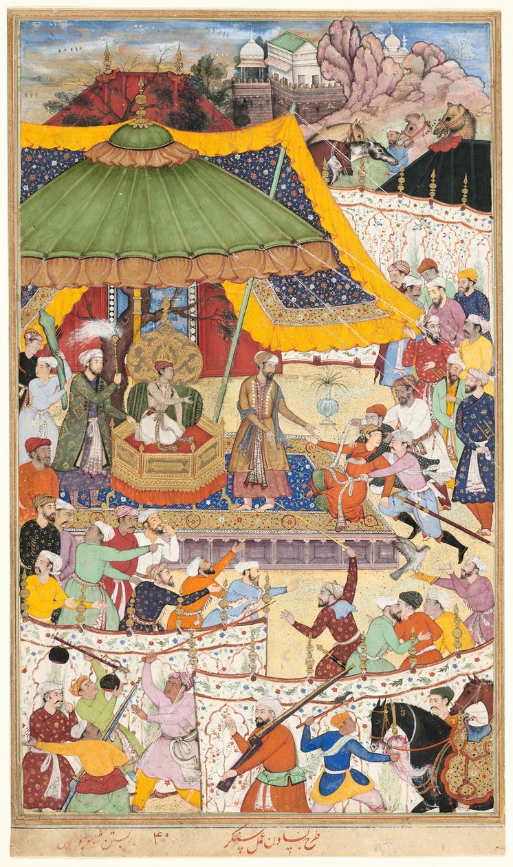 El Joven Emperador Akbar Arresta al Insolente Shah Abu’l-Maali, página de un manuscrito del Akbarnama de Basawan