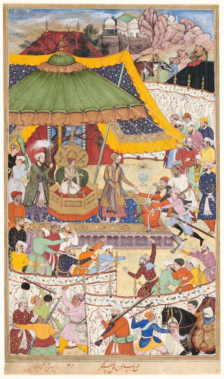 El joven emperador Akbar arresta al insolente sha Abul-Maali, página de un manuscrito del Akbarnama, c.1590-95 (acuarela opaca y oro sobre papel). de Basawan Basawan