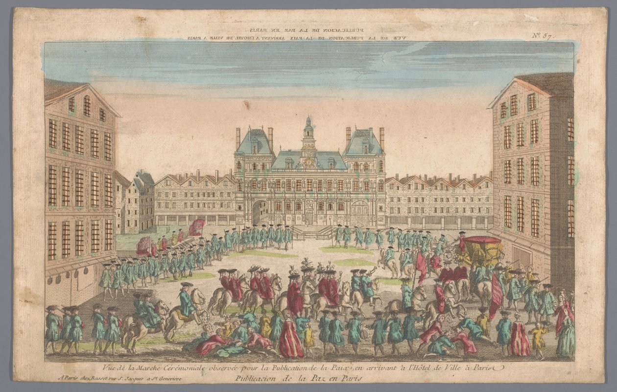 Vista del Ayuntamiento de París con una procesión para proclamar la paz Publicacion de la paz en Paris (título sobre objeto) de Basset