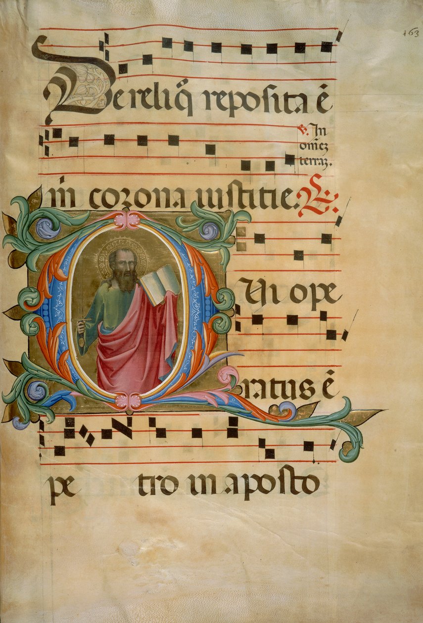Inicial iluminada con la figura de San Pablo (Corale 8, c. 163), para el libro de coro 8 de Santa Maria degli Angeli de Batrolomeo di Fruosino
